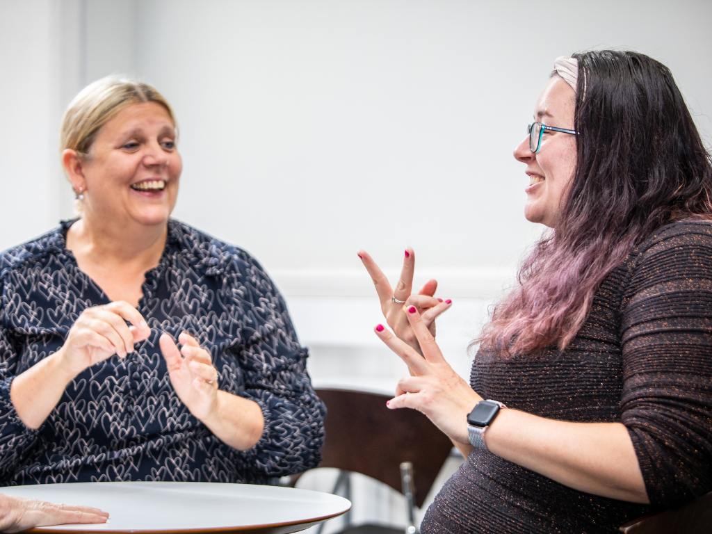 Two colleagues using British Sign Language