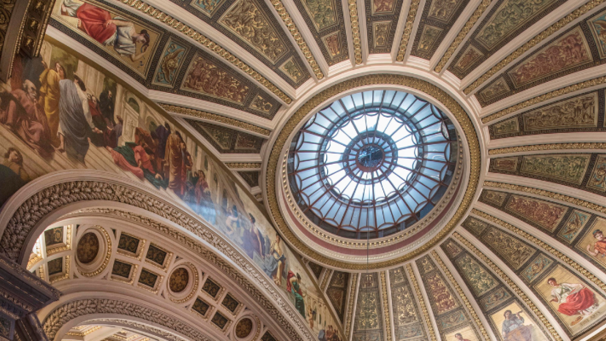 The ornate ceiling of McEwan Hall