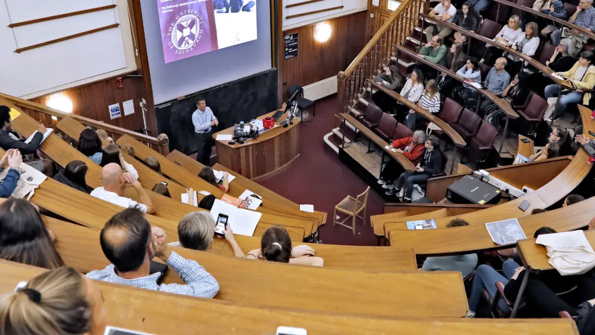 A high up view of a lecture taking place