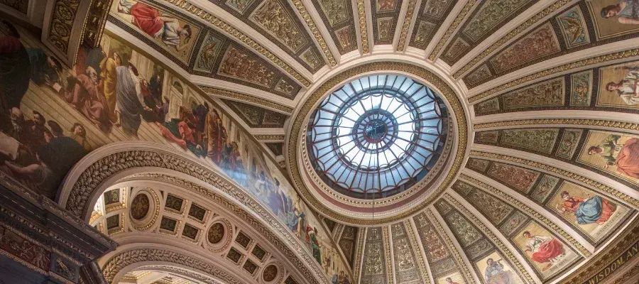 The ornate ceiling of McEwan Hall
