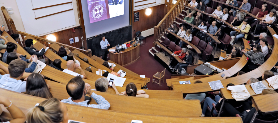 A high up view of a lecture taking place